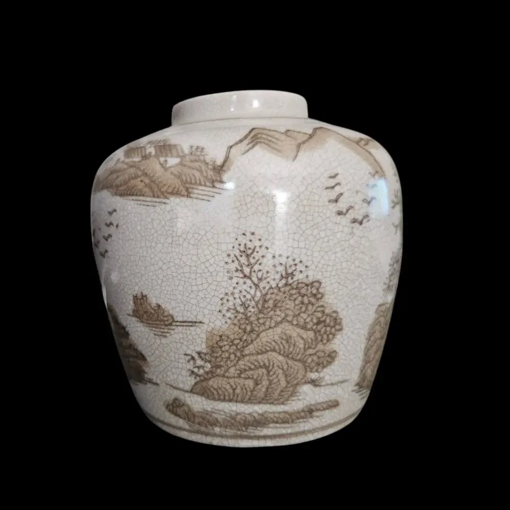 Creative Co-Op Crackle Glaze Ginger Jar Vase Asian Landscape Stoneware Decor